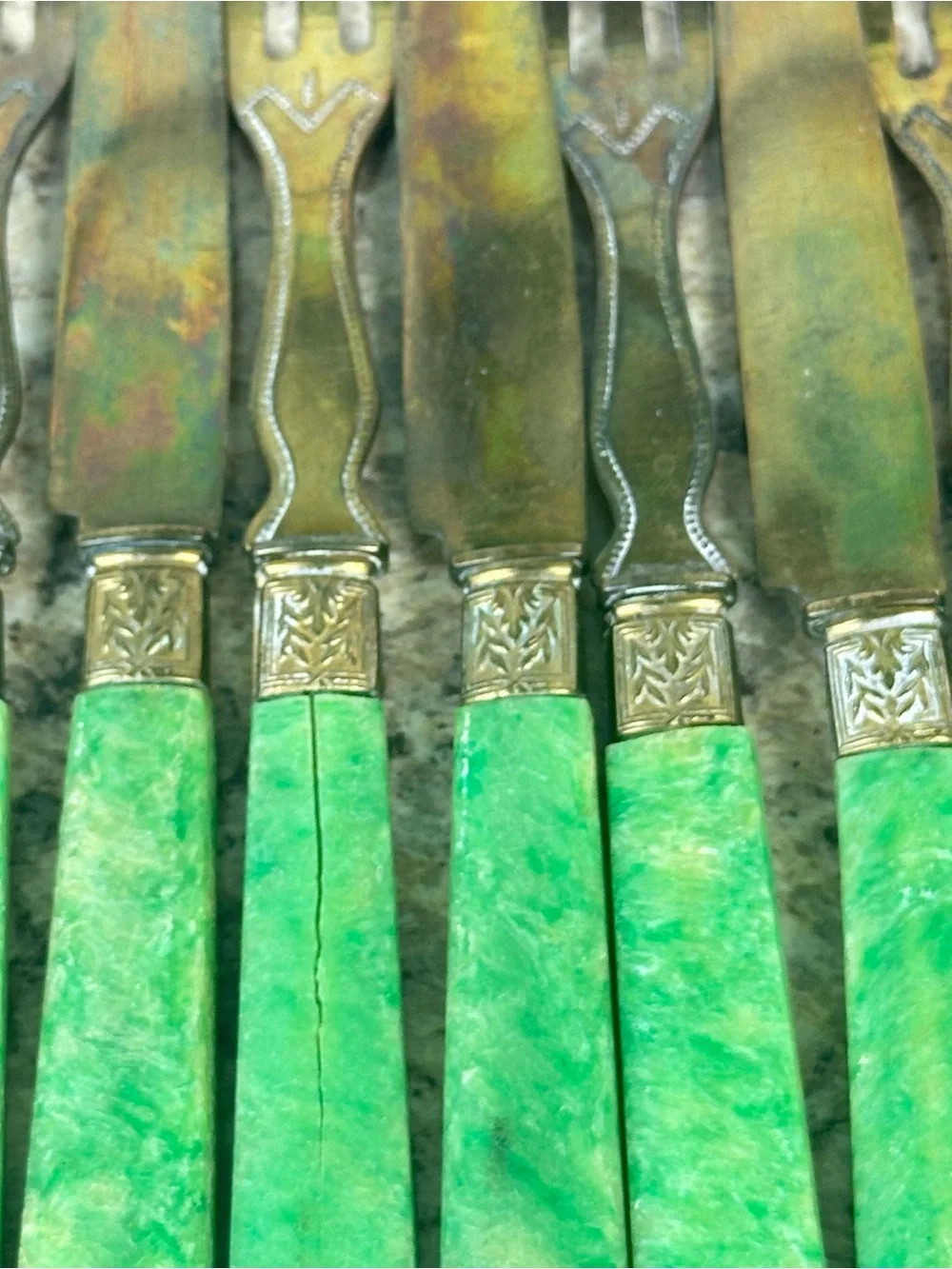 Set of 12 Antique French Vermeil Green Handle Fruit Service Flatware Fork Knife